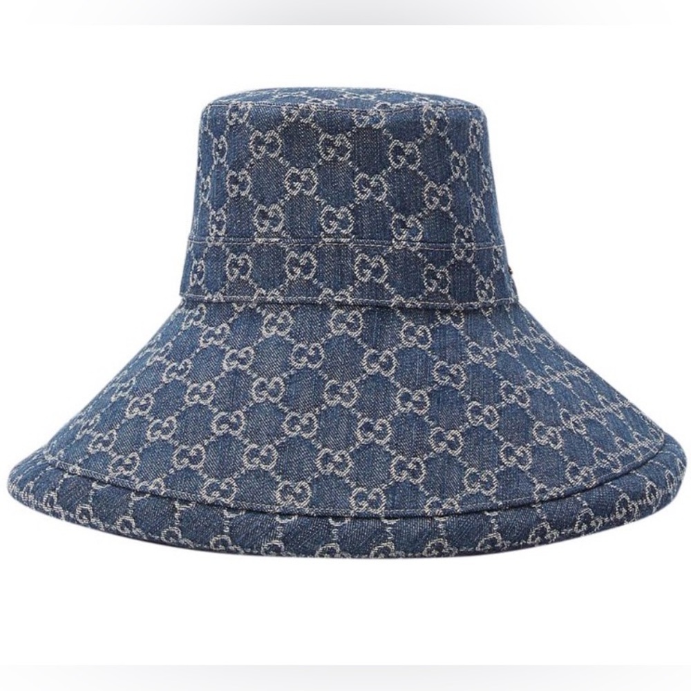 Gucci Denim GG Monogram Bucket Hat Wide Large Brim Navy Blue Sun Coverage - Picture 6 of 16